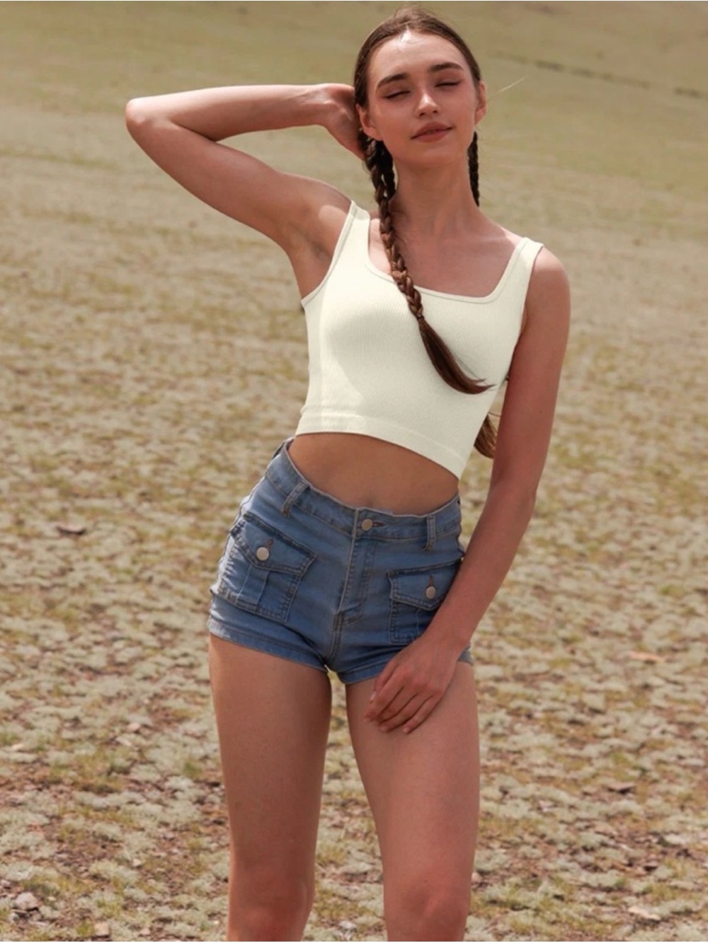 NEW OQQ Square-Neck Ribbed Crop Tank Top - Cream